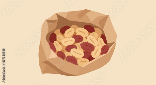 An opened paper bag filled with a mix of light brown and maroon seeds