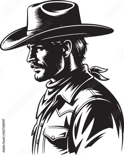 Side Profile Cowboy Wearing Wide Brim Hat and Bandana High Contrast Silhouette Evokes Rugged Outlaw or Sheriff Energy