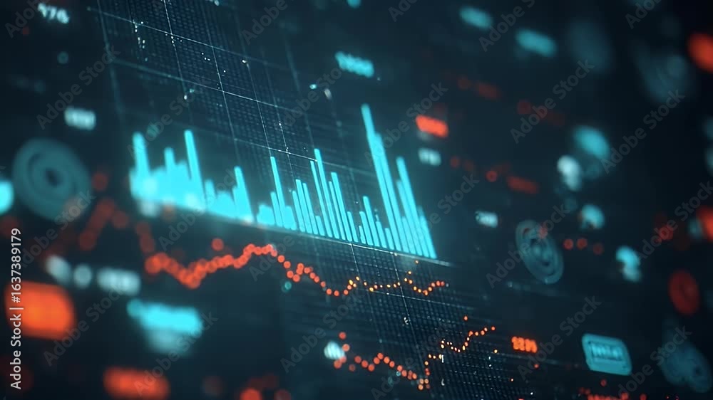 Realistic video of charts and graphs with data, dark background with a blue-green gradient, glowing blue and turquoise icons on the screen,