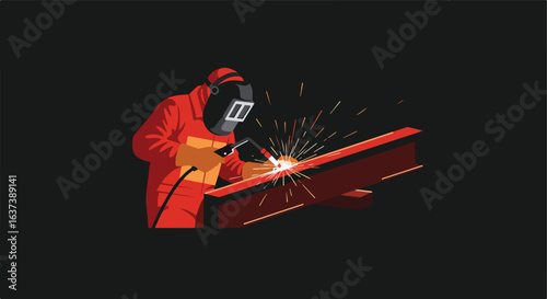 Welder wearing mask and suit uses tool with sparks on metal beam on a dark backdrop