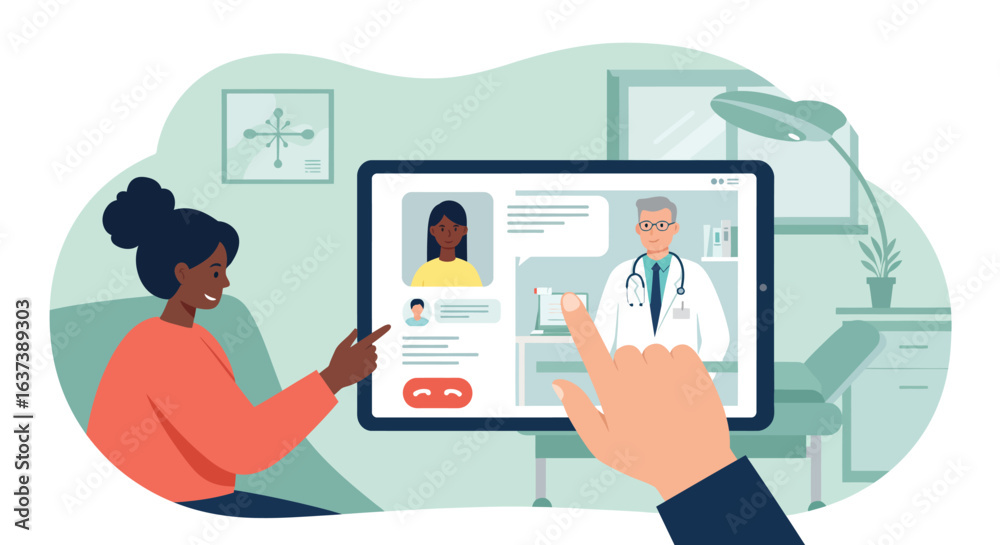 Telemedicine Consultation: Patient and Doctor on Tablet Screen Telemedicine Consultation: Patient and Doctor on Tablet Screen