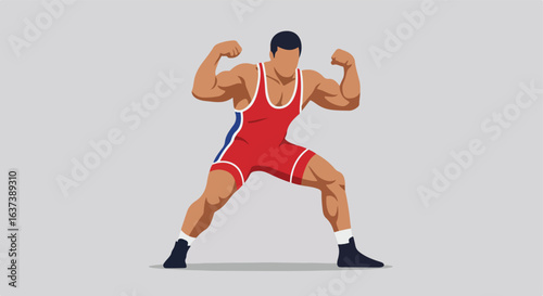 Wrestler Muscular figure in red & white wrestling suit flexing both arms on grey backdrop