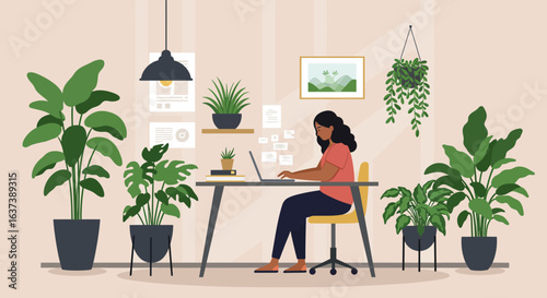 Woman Working at Desk Surrounded by Plants in Home Office