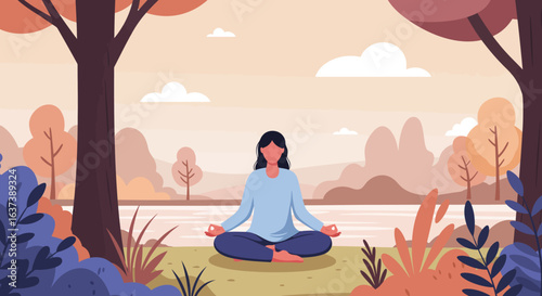 Woman Meditating in Nature, Serene Landscape Illustration