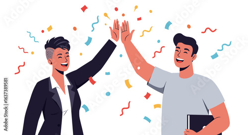 Two People Celebrating with a High Five and Confetti