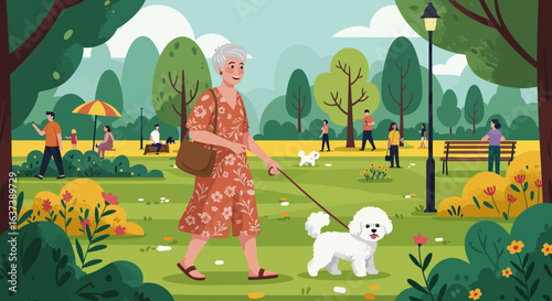 Woman Walking a White Poodle in a Park