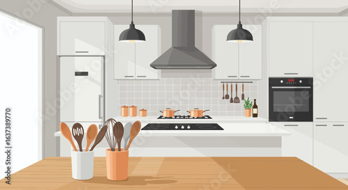 Modern Kitchen Interior with Wooden Table and Utensils