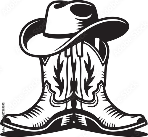 Pair of Worn Cowboy Boots Crossed with Cowboy Hat Resting on Top Stylized Emblem Great for Logos