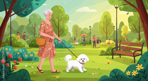 Woman Walking a White Dog in the Park