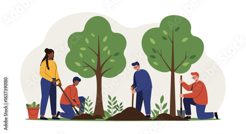 Diverse Group Planting Trees Together for Environmental Sustainability