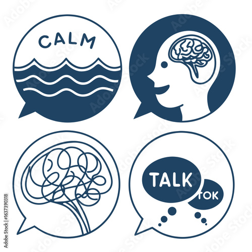 Mindful Dialogues: Exploring mental states through abstract speech bubbles, each representing a facet of inner thoughts and expressions. 