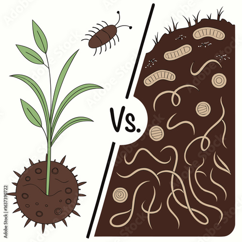 Ecosystem Clash: An illustrative depiction contrasting plant life with the unseen world of soil organisms, presenting a microscopic battleground of natural processes.