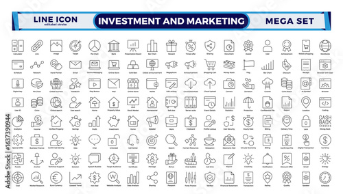 Investment and marketing icon set in line style. Includes content, search, ecommerce, digital devices, internet, analytics, social media, money income, and pension fund.  Editable stroke outline icon.