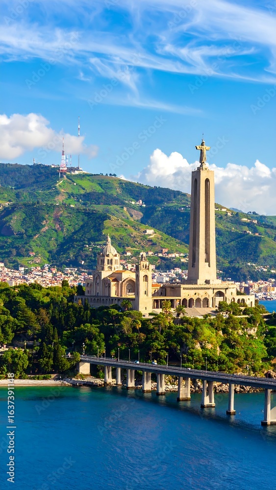 Obraz premium Coastal religious complex, lush hills