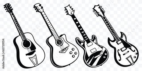 Variety of Electric and Acoustic Guitars Artistic Black and White Line Art Illustration for Music Lovers and Musicians