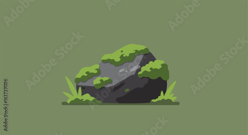 Mossy Rock A gray rock adorned with vibrant green moss sits against a plain olive backdrop