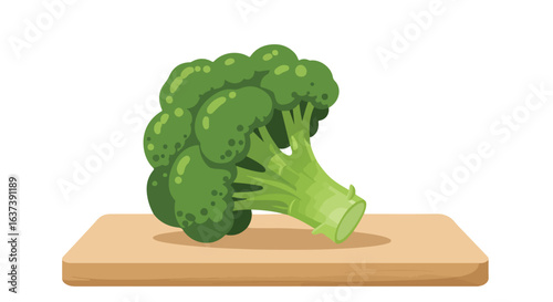 Fresh broccoli rests on a wooden cutting board, ready for preparation, food background