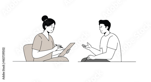 Drawn woman with clipboard consulting a gesturing man. Neutral background. Line art
