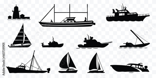 Various nautical vessels and maritime objects represented in minimalist black and white silhouette style collection offering diverse transportation