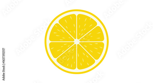 Circular slice of yellow lemon with white lines & rind, shown on white