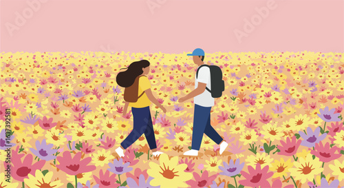 People walk through a vivid field of colorful flowers under a soft pink sky