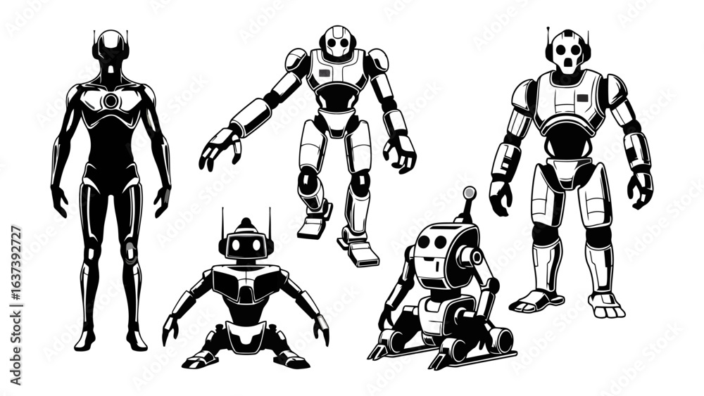 Fototapeta premium Collection of Futuristic Robots in Black and White Style
