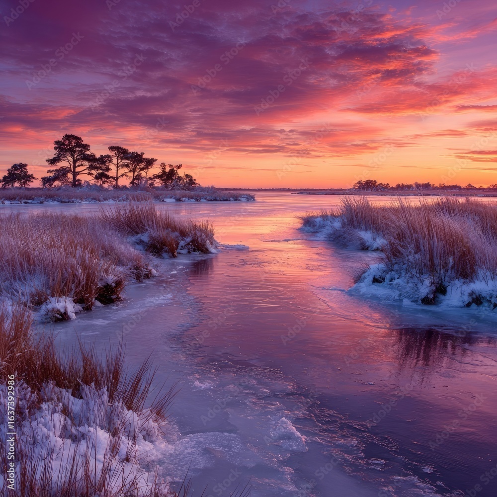 Fototapeta premium Frozen winter sunrise over a marsh (1)