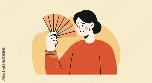 Person overheating, sweating and fanning face. Vector illustration of discomfort
