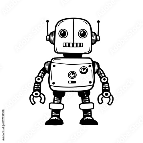 Retro Robot Illustration: Cute Robotic Character Isolated on White