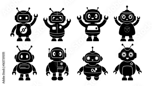 Set of vector isolated simple cute black and white robot characters