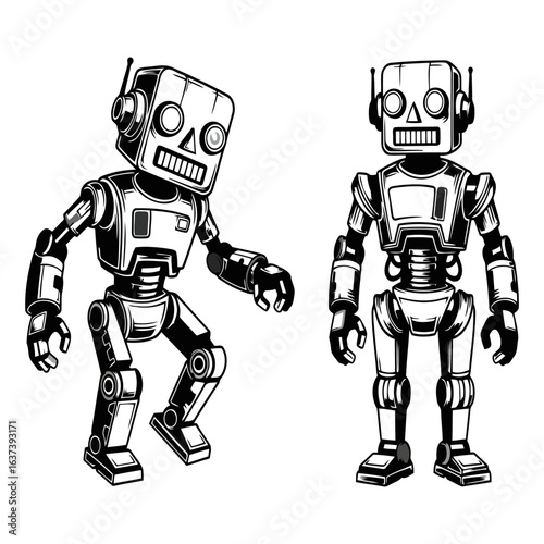 Vintage Style Robots: Retro Mechanical Characters, Black and White