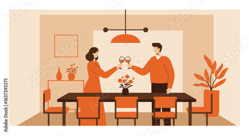 Couple toasting wine in cozy dining room. Minimalist, warm tones, table, plant, lamp