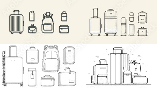 Travel luggage illustration set featuring suitcases, backpacks, and small travel bags in minimalist hand-drawn style. Perfect for tourism and adventure themes.

