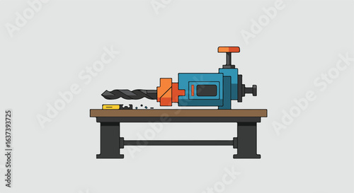 Workshop drill on a table, shavings and wood. Drilling a hole in some lumber