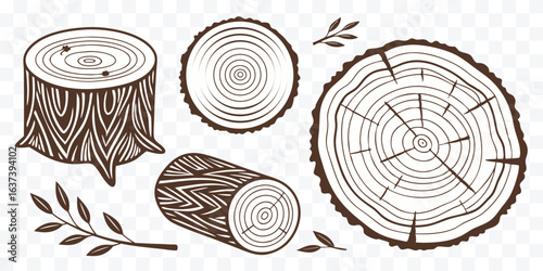 Wooden Log Illustration featuring Tree Rings and Branch Designs for Nature themed Decorations and Forestry Material Representation
