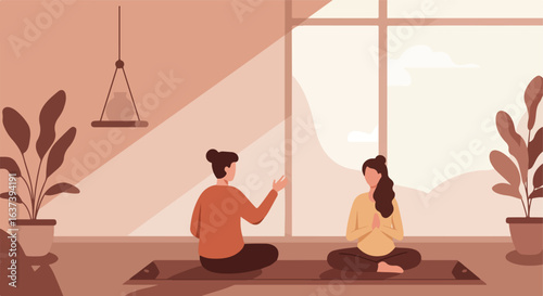 Two women meditate in front of a window in a simple, modern, minimalist style