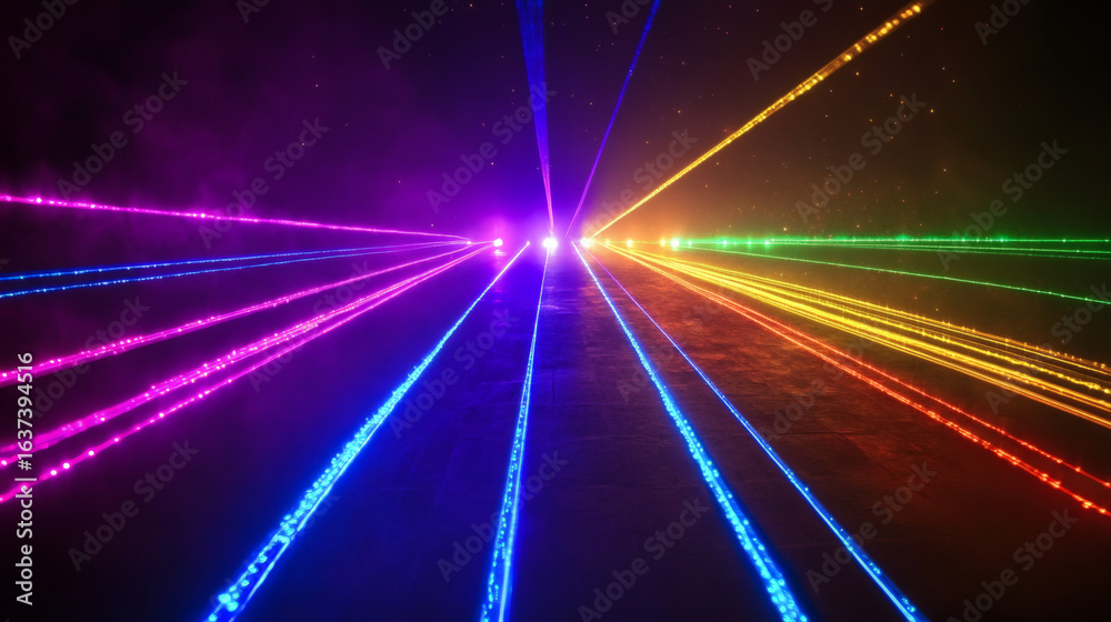 Obraz premium Multicolored laser beams radiating outward in a dark space.
