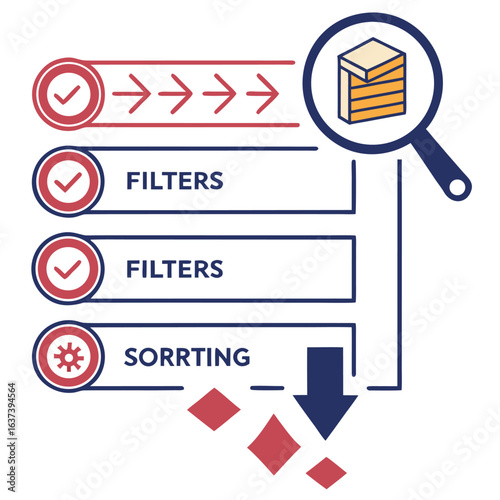 Data Processing Illustration: An illustrative representation of data processing, showing filters and sorting. Arrows show the direction.