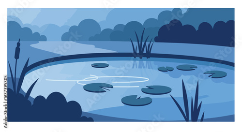 Serene blue pond with lily pads, surrounded by reeds, & with distant cloudy hills