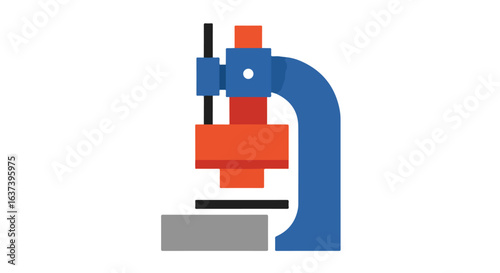 A flat design style hydraulic press machine, red, grey, blue, black on plain field