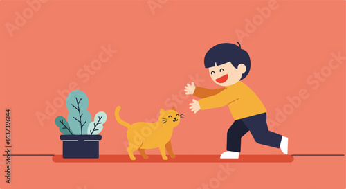 Boy reaches out to smiling cat near a potted plant on a salmon colored surface