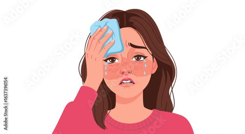 Woman feeling unwell, applying cold compress to forehead during fever or headache relief