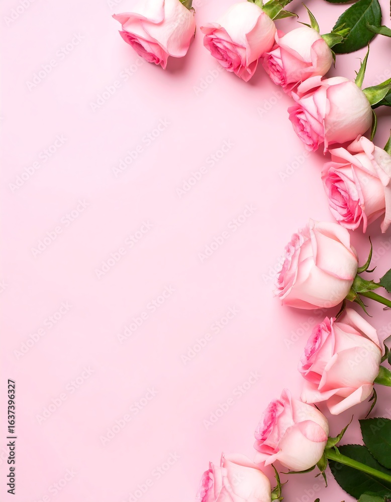 Pink roses arranged in a semi-circle on a pink background, leaving space for text Pink roses arranged in a semi-circle on a pink background, leaving space for text