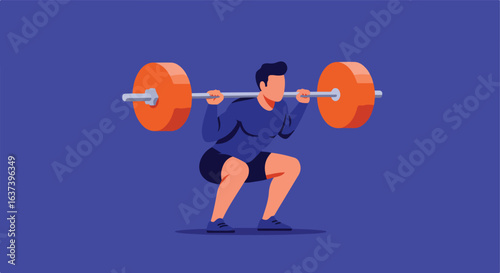 Person doing squats with heavy barbell and wearing blue clothing on blue background