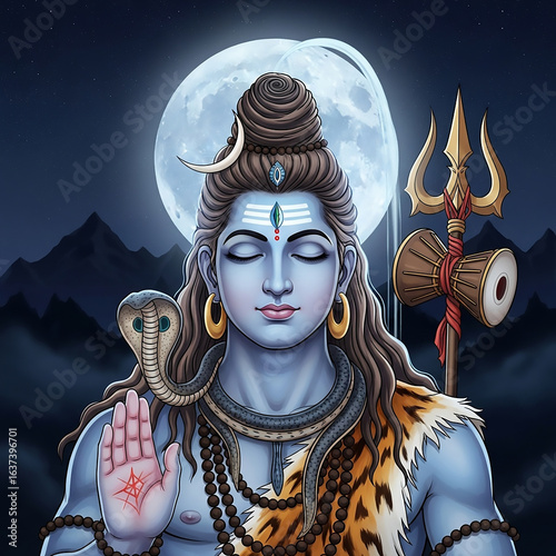 Lord Shiva meditating and blessing under a beautiful full moon