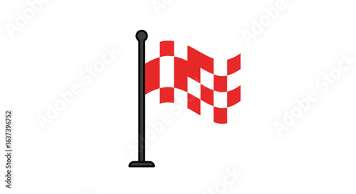 Red and white checkered flag waving on a black pole against a white backdrop
