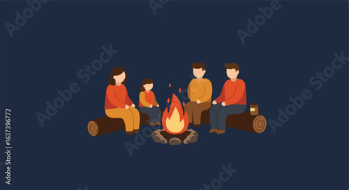 Family around campfire sits on logs, sharing warmth under the night sky