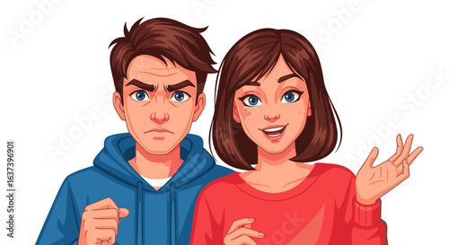 Expressive man frowning beside happy woman gesturing enthusiastically, contrasting emotions
