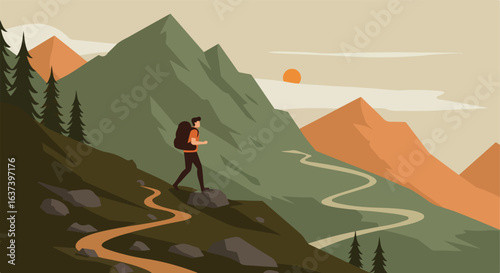 Backpacker exploring mountain trails; evergreen trees against soft, sunset background