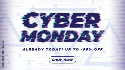 Cyber monday promotional banner glitch effect on white background